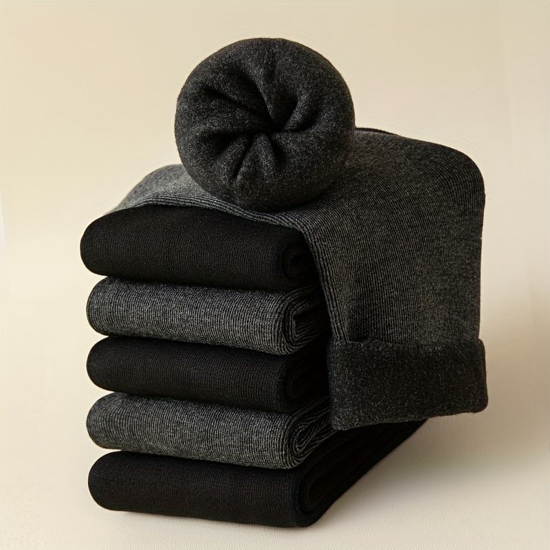 2 Pair Men'S Thickened Thermal Crew Socks - Cozy Fleece-Lined, Ribbed Cuff, Solid Color (Black/Gray) for Winter Warmth & Casual Wear, Winter Socks, Warmth Enhancing Socks, Ribbed Texture Socks