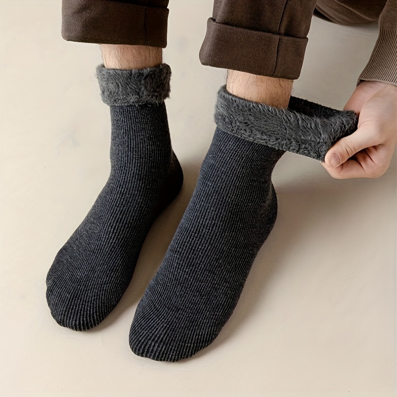 2 Pair Men'S Thickened Thermal Crew Socks - Cozy Fleece-Lined, Ribbed Cuff, Solid Color (Black/Gray) for Winter Warmth & Casual Wear, Winter Socks, Warmth Enhancing Socks, Ribbed Texture Socks