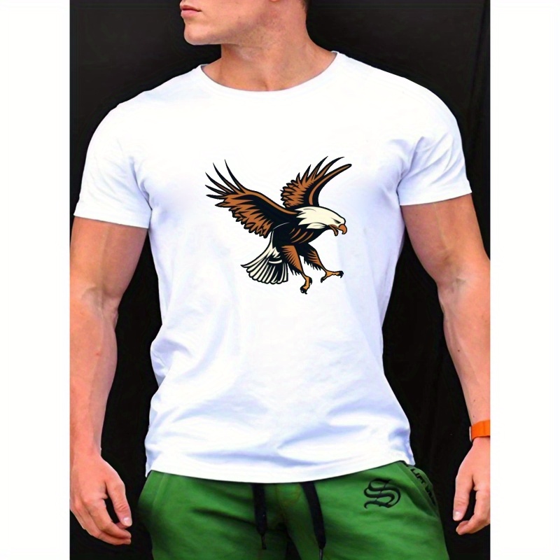 

Flying Eagle Print Men's Trendy Short Sleeve Crew Neck T-shirt, Summer Outdoor