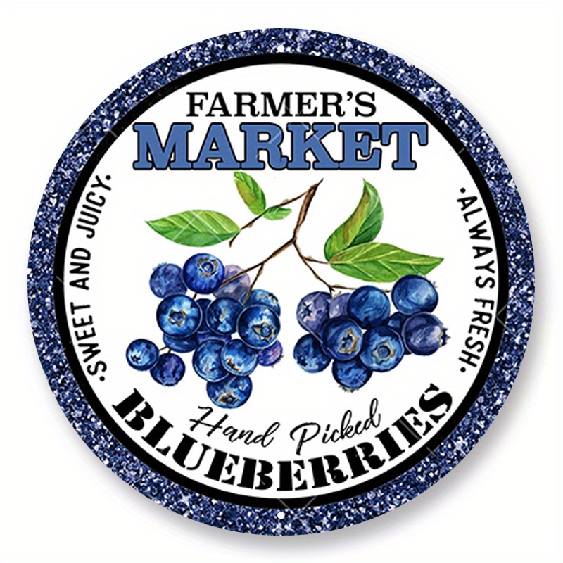 

1pc 8x8inch Aluminum Metal Sign Farmers Market Blueberries Wreath Sign, Metal Wreath Sign, Signs For Wreaths, Round Wreath Signs