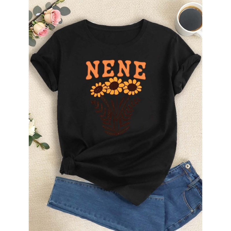 

Nene Est 2024 Wildflowers Theme Print T-shirt, Short Sleeve Crew Neck Casual Top For Summer & Spring, Women's Clothing