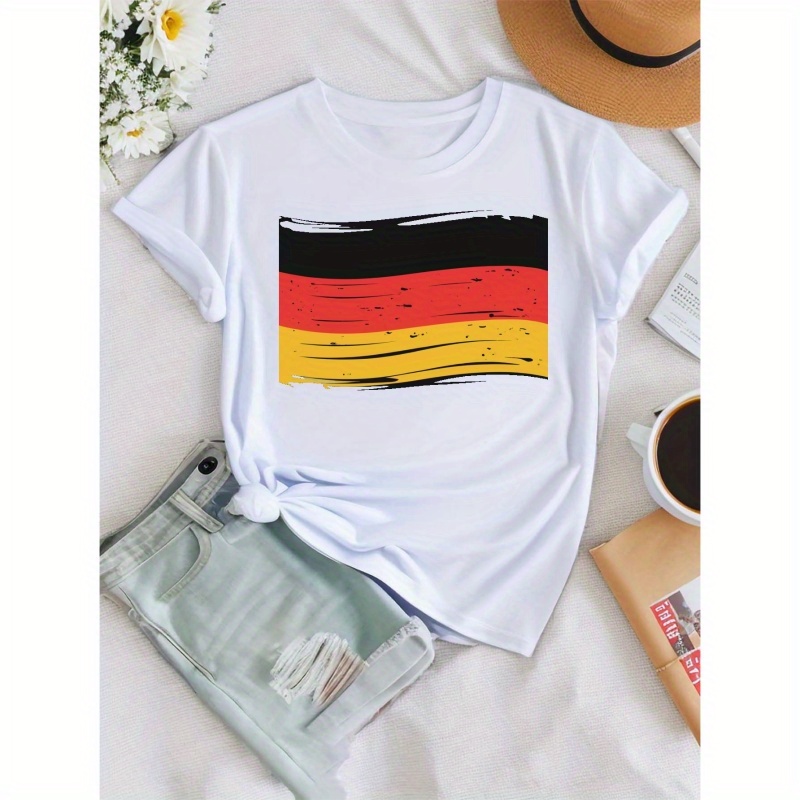 

Vector With Germany Flag Print T-shirt, Short Sleeve Crew Neck Casual Top For Summer & Spring, Women's Clothing