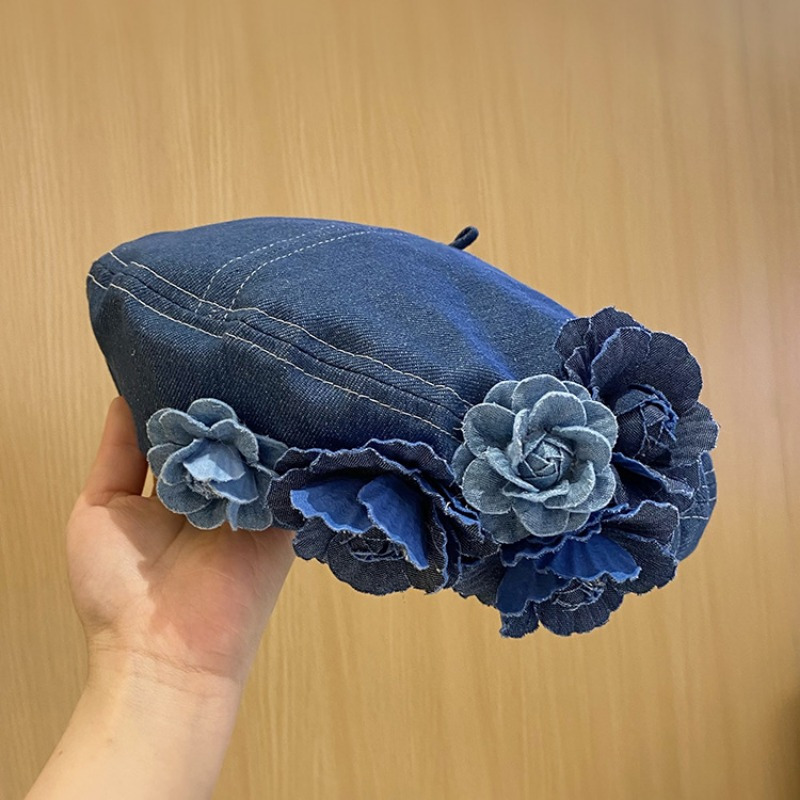 

Vintage Flower Decor Denim Beret Hats Vintage Blue Denim Washed Distressed Painter Cap Lightweight Berets For Women Daily Use
