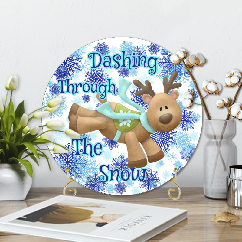 

1pc 8x8inch Aluminum Metal Sign Dashing Through The Snow Reindeer Christmas Sign, Wreath Sign, Home Decor