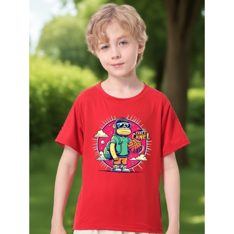 

Gorilla With Basketball Print Boy's Casual Tees, Short Sleeve Crew Neck Comfy Versatile T-shirt Kids Summer Sports Clothing