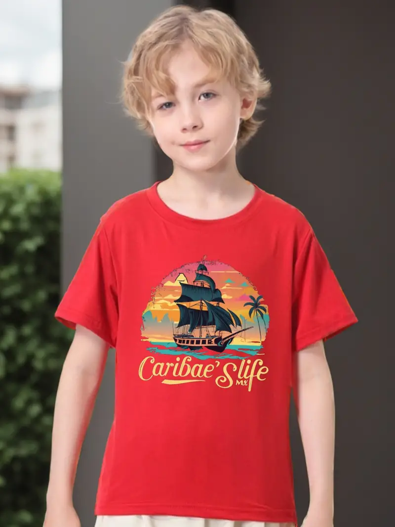 Sailing Boat Fish Print Boys Creative T shirt Clothes Kids - Temu