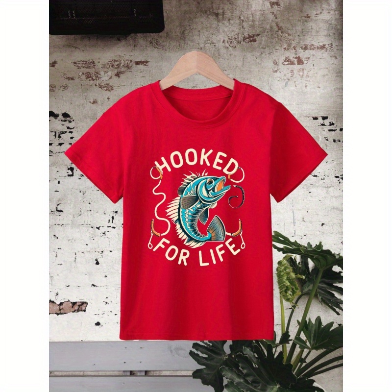 

Fish Hooked For Life And Dinosaur Print Boy's Casual Tees, Short Sleeve Crew Neck Comfy Versatile T-shirt Kids Summer Sports Clothing
