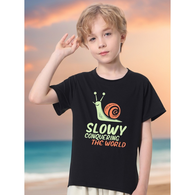 

Snail And Mountain Print Boy's Casual Tees, Short Sleeve Crew Neck Comfy Versatile T-shirt Kids Sports Clothing