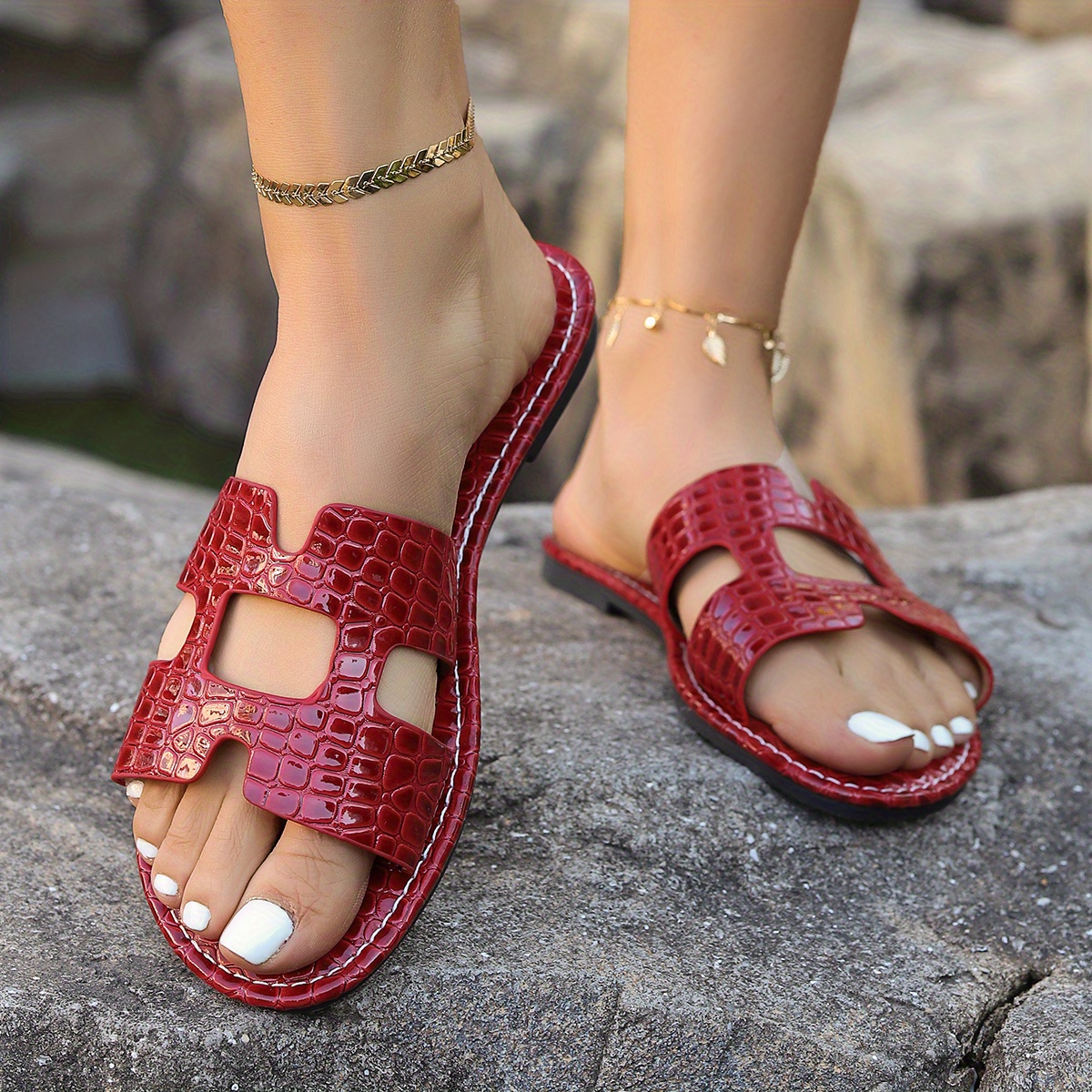 Women's Crocodile Pattern Slide Sandals Casual Open Toe Flat - Temu