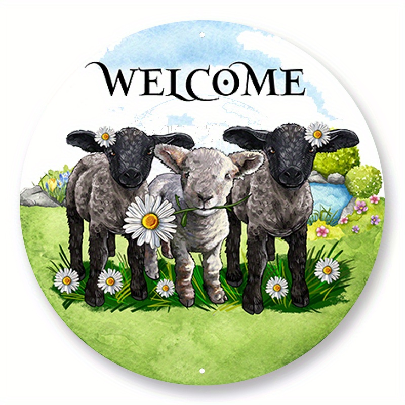 

1pc Aluminum Metal Sign, Creative Round Welcome Lamb Sign Decor, Home Decor, Wall Decoration