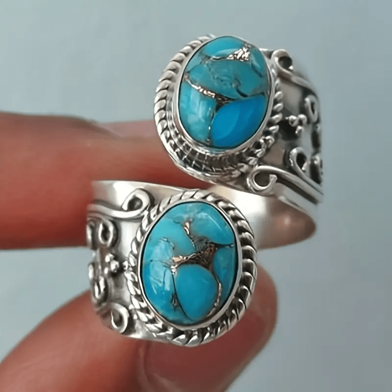 

Vintage Spoon Ring Silver Plated Inlaid Turquoise Retro Flower Carving Suitable For Men And Women Match Daily Outfits Party Decor