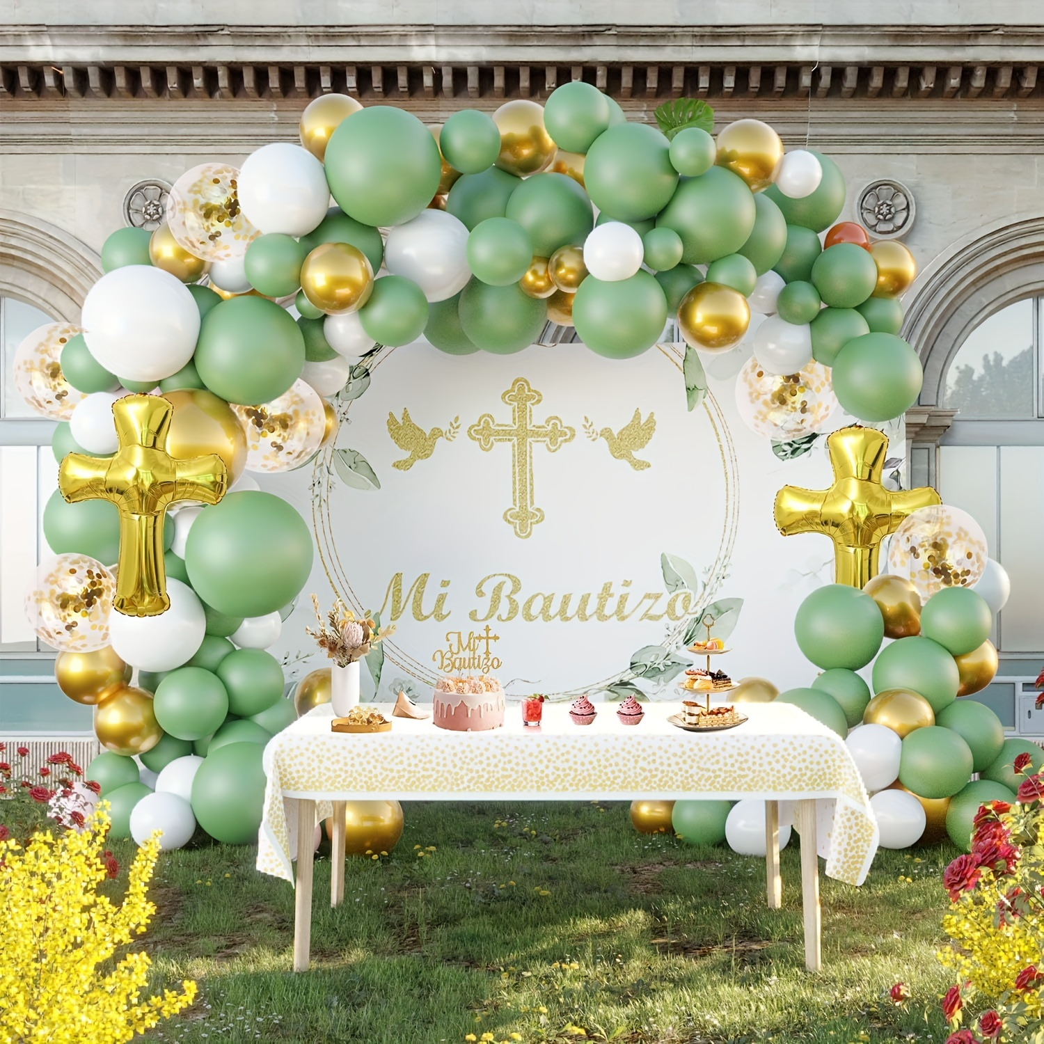  Decoraciones de primera comunión, decoraciones de fiesta de  bautismo, blanco y dorado para niños y niñas, kit de guirnalda de globos  con globos de cruz para decoraciones de bautismo de Dios