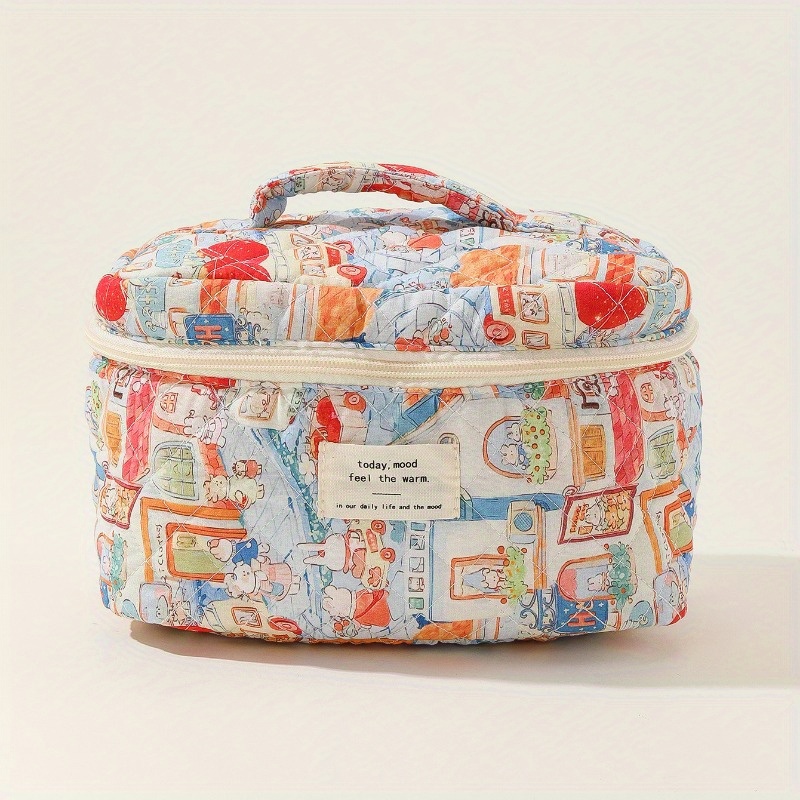 Image of A Spacious Makeup Bag With A Striped Polka , Made From Portable Featuring Adorable Flowers, Perfect For Travel And Instagram