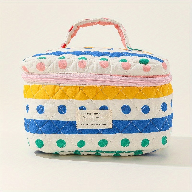 A Spacious Makeup Bag With A Striped Polka , Made From Portable Featuring Adorable Flowers, Perfect For Travel And Instagram