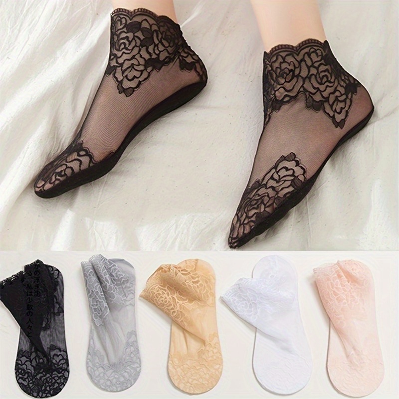 

5 Pairs Lace Mesh Socks, Thin & Breathable Invisible Ankle Socks, Women's Stockings & Hosiery