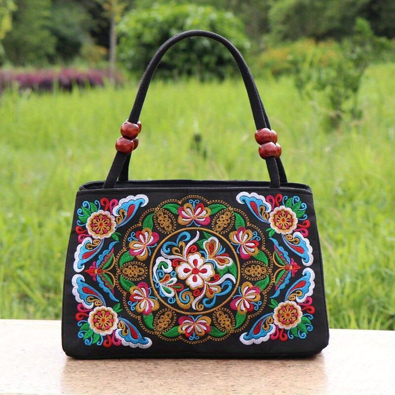 

Embroidered Ethnic Floral Canvas Tote Bag, Double-sided Traditional Embroidery Bag, Vintage Style Dual Layer Bag, Casual Style Fashion Handbag With Beaded Handles