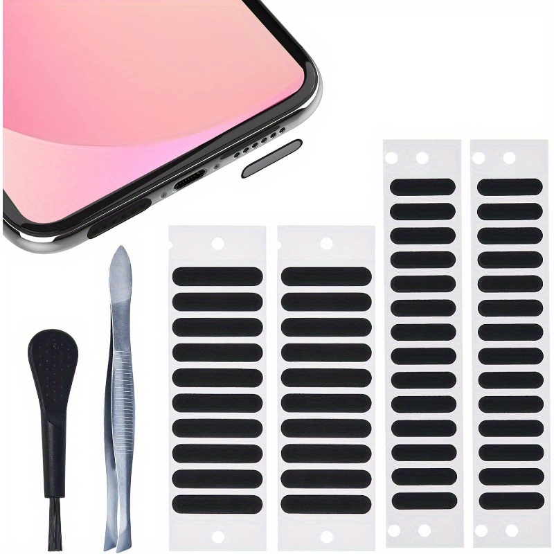

48pcs Universal Phone Speaker Dust Protector Cover Mesh Stickers Compatible With 15 Pro Max, 14, 13, 12, Samsung Galaxy S23-s20, Including Cleaning Brush & Tweezer