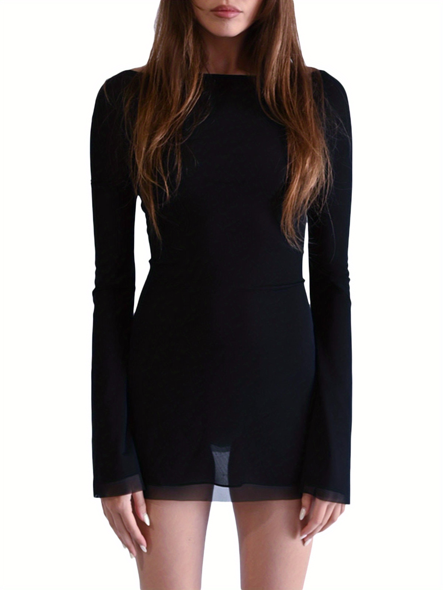 chic backless long sleeve mini dress solid black stretchy