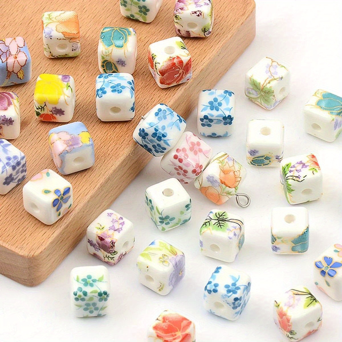 

30pcs 0.8cm Floral Pattern Random Colorful Mix Square Beads For Jewelry Making Diy Special Bracelet Necklace Handmade Craft Supplies