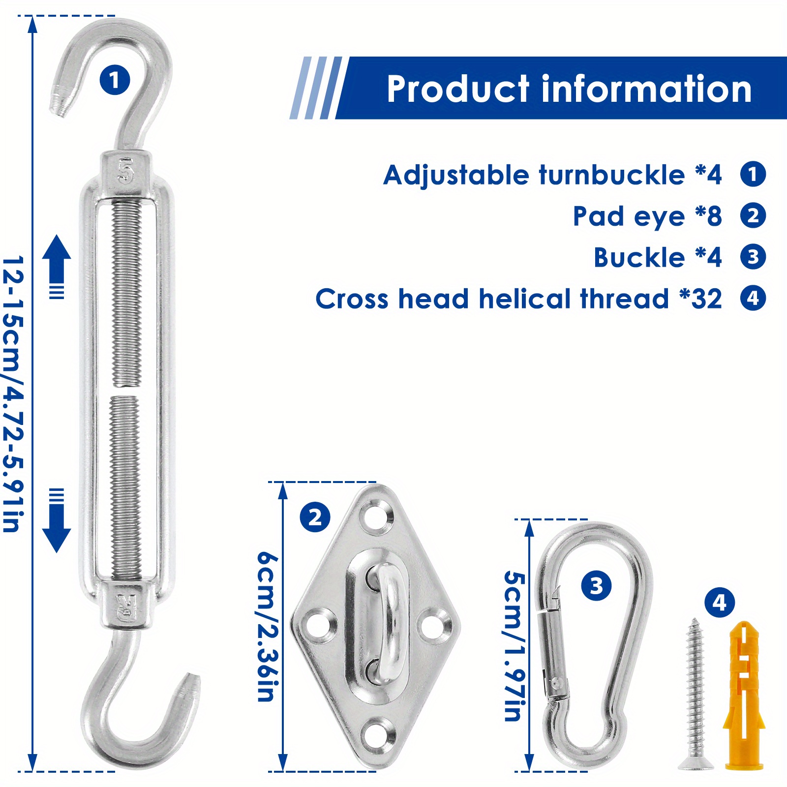 6'' Sun Shade Sail Hardware Kit with 304 Stainless Steel Wire Rope for  Triangle Rectangle Sun Shade Sail Installation, Garden Outdoors Accessories