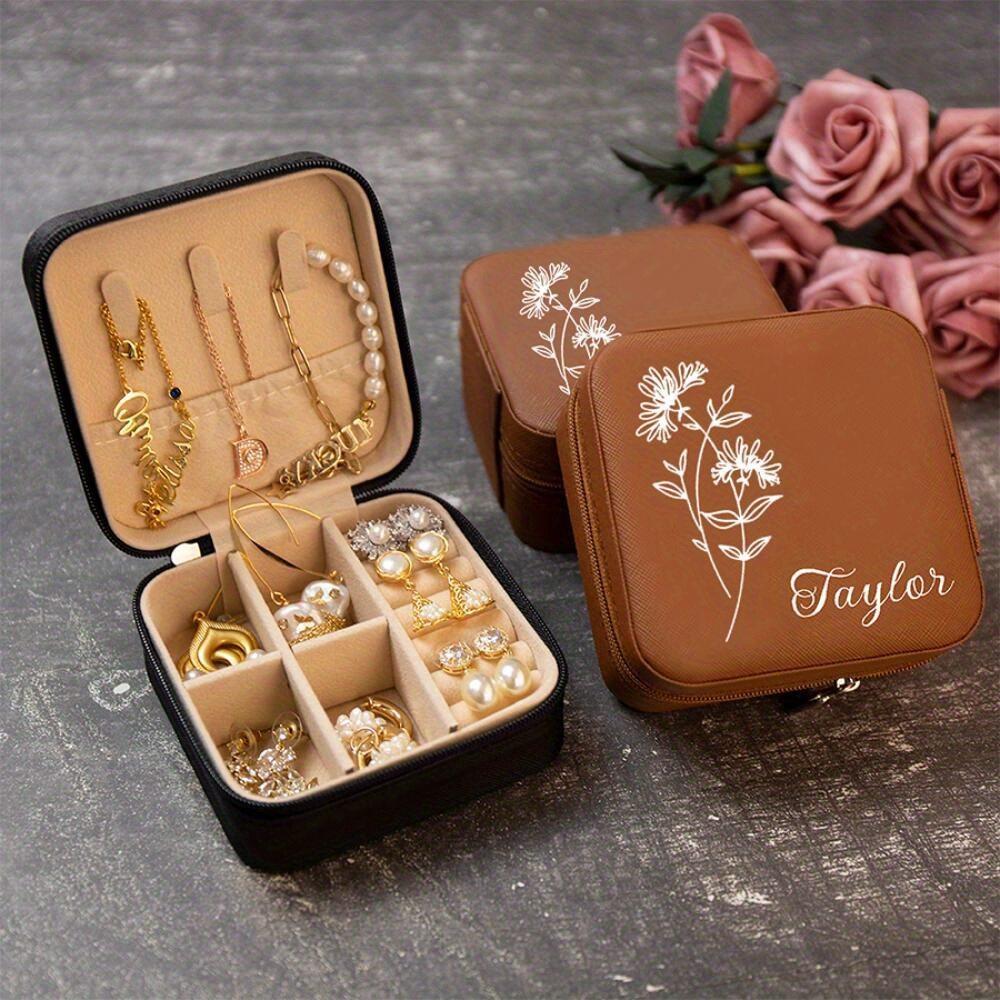 

1pc Custom Bridesmaid Jewelry Box With Birth Flower, Jewelry Travel Case For Woman, Bridal Shower Gift, Bridesmaid Gift, Bridesmaid Proposal Gift, New Year Gift, Gift For Woman, Valentine's Day Gift