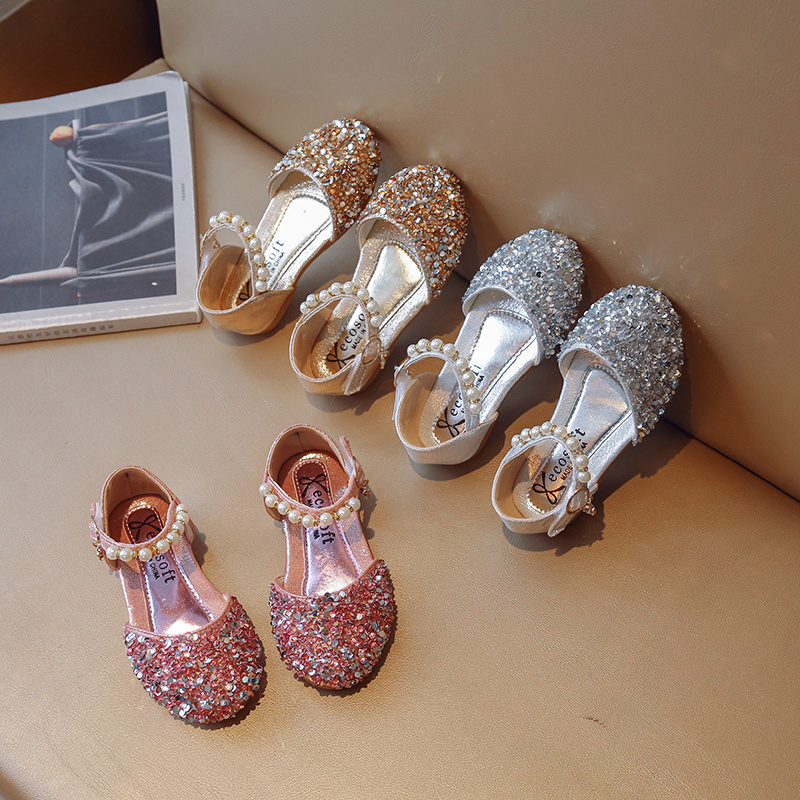 

Trendy Cute Shiny Sequin Pearl Flat Shoes For Girls, Breathable Lightweight Sandals For Party Holiday
