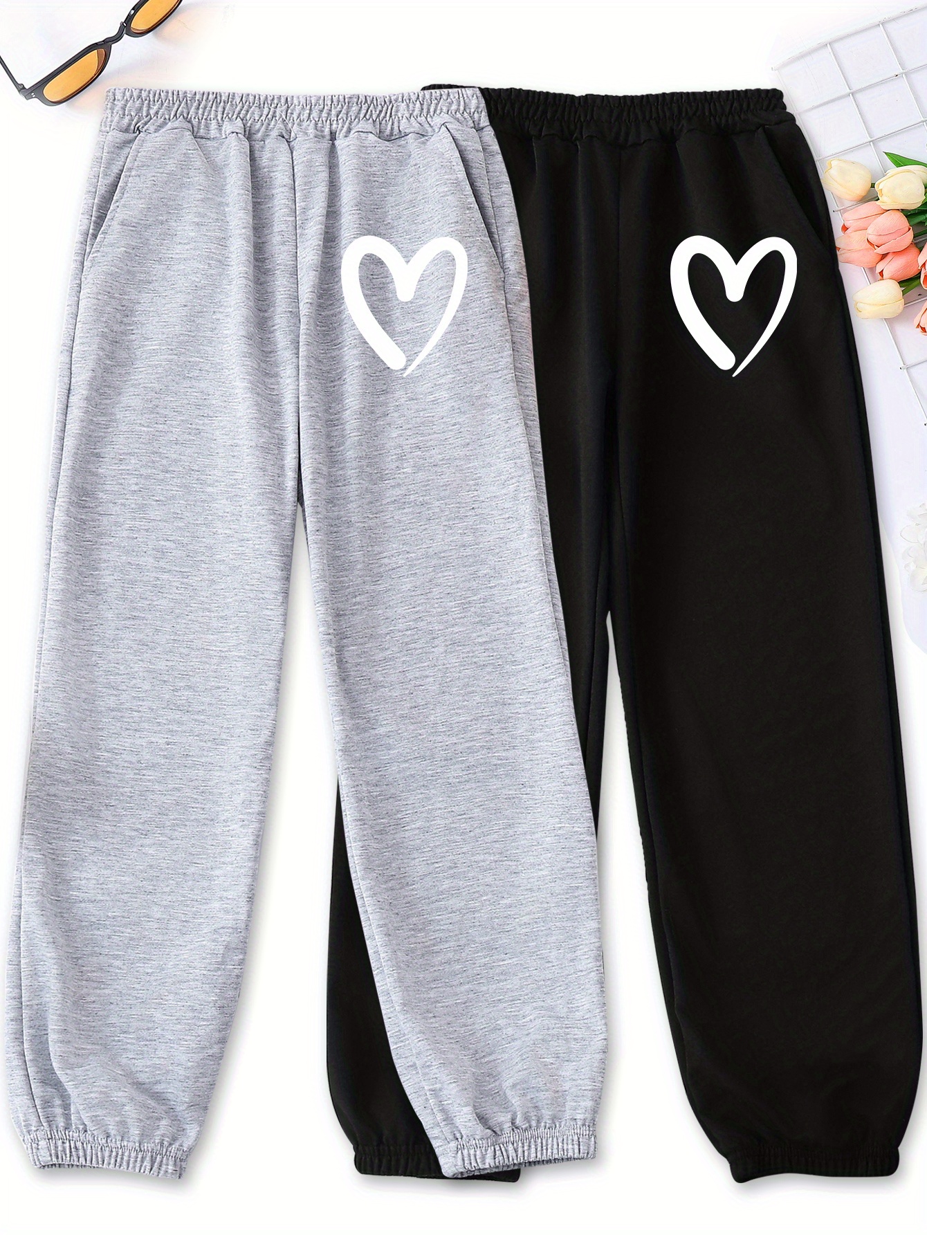 Cute Two Hearts Graphic Sweatpants Girls High Waisted - Temu