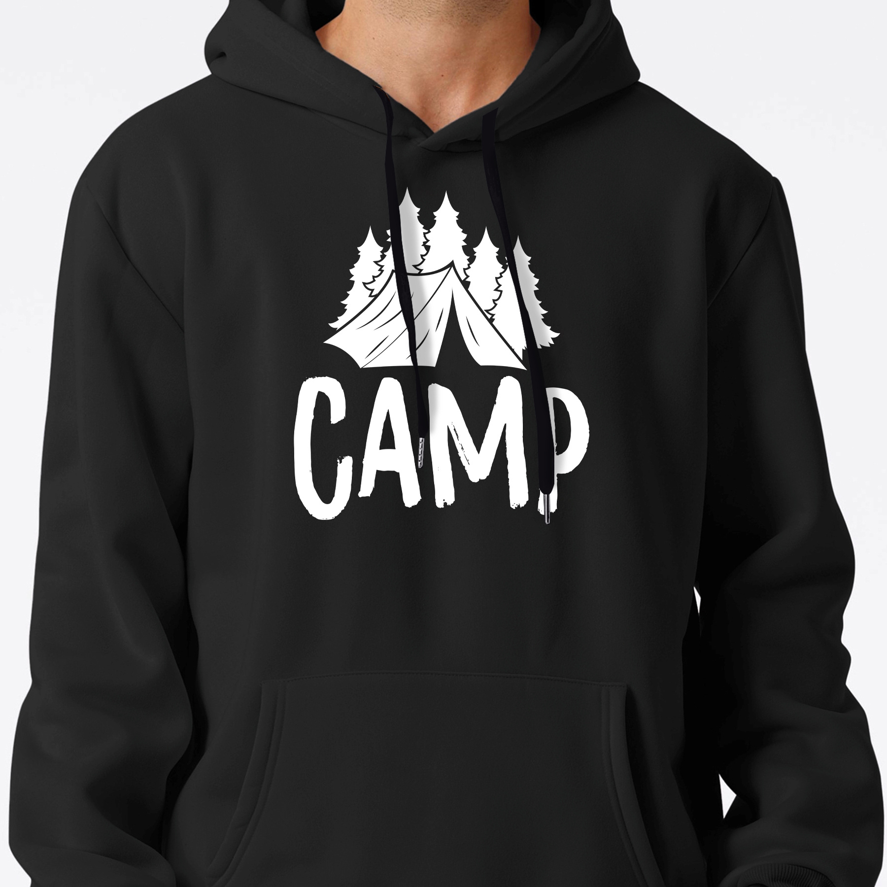 

Camp And Forest Graphic Print Sweatshirt, Artistic Graphic Design Hoodies With Fleece For Men, Men's Warm Slightly Flex Hooded Streetwear Pullover, For Fall And Winter, As Gifts