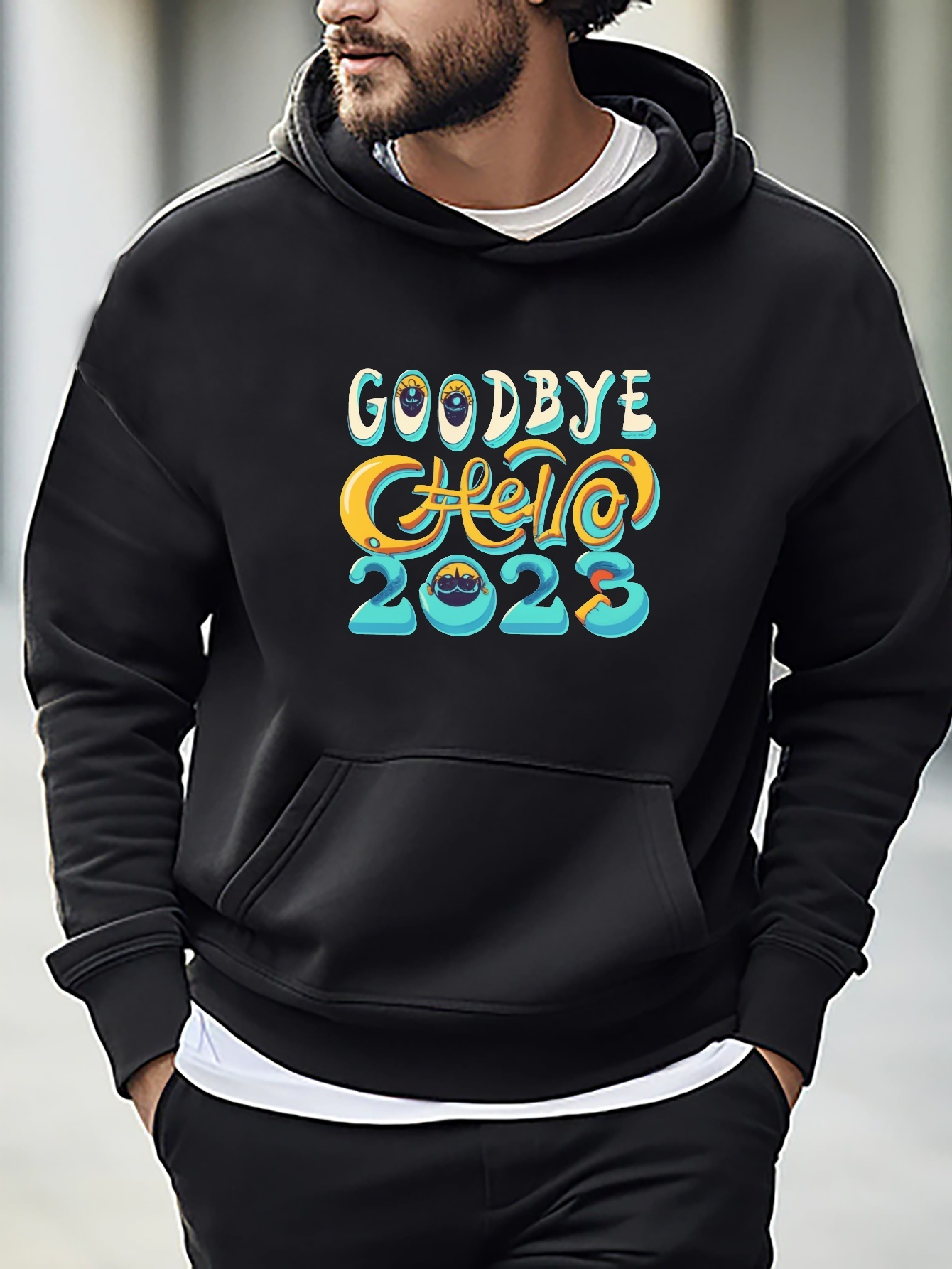 Goodbye Hello 2023 Retro Color Graphic Print Hoodie, Cool