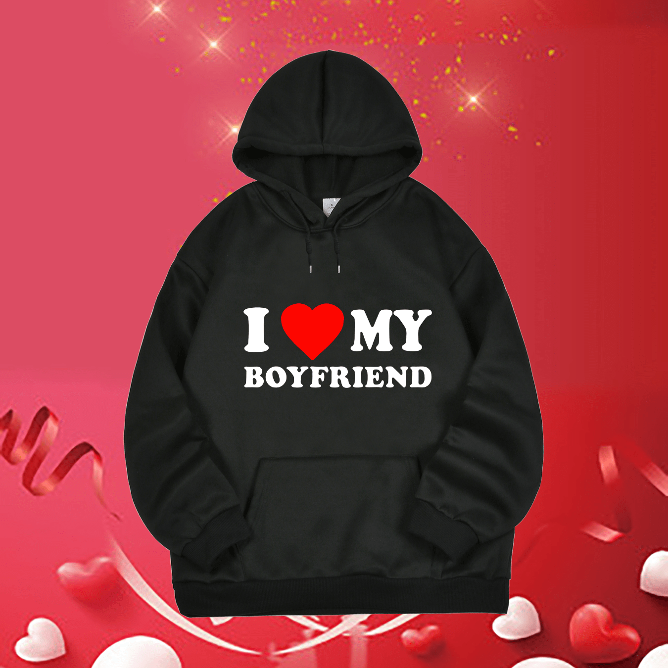 

Valentine's Day I Love My Boyfriend Graphic Casual Hooded Sweatshirt, Long Sleeve Drawstring Kangaroo Pocket Hoodie, Women's Activewear