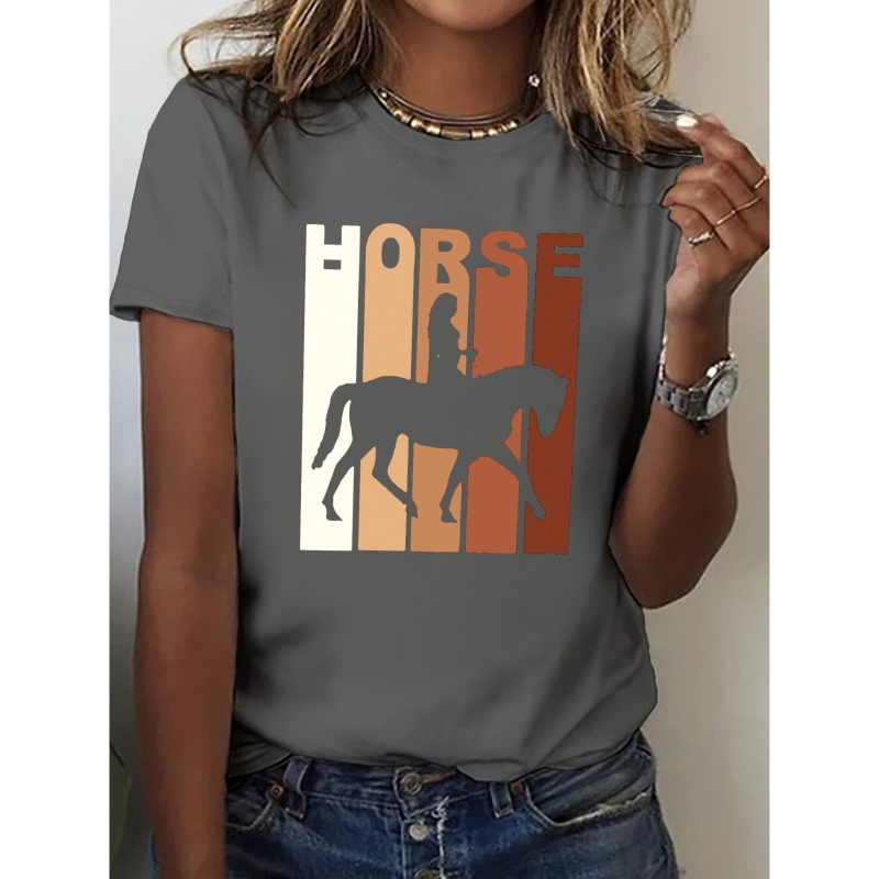 

Horse Riding Print T-shirt, Short Sleeve Crew Neck Casual Top For Summer & Spring, Women's Clothing