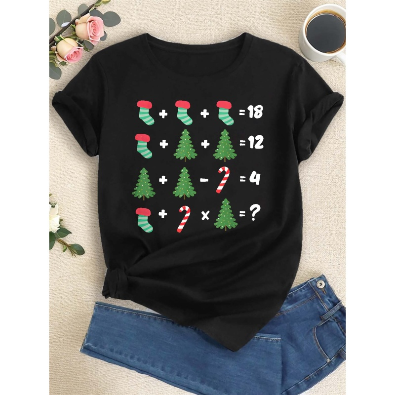 

Math Christmas Tree Print T-shirt, Short Sleeve Crew Neck Casual Top For Summer & Spring, Women's Clothing