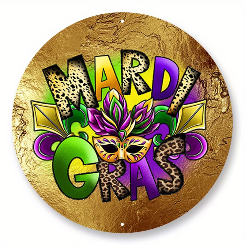 

1pc 8x8inch Aluminum Metal Sign Mardi Gras Mask With Leopard With Gold Background Wreath Sign, 3 D Mardi Gras Mask Sign, Mardi Gras Wreath Sign, Wreath Attachment Sign