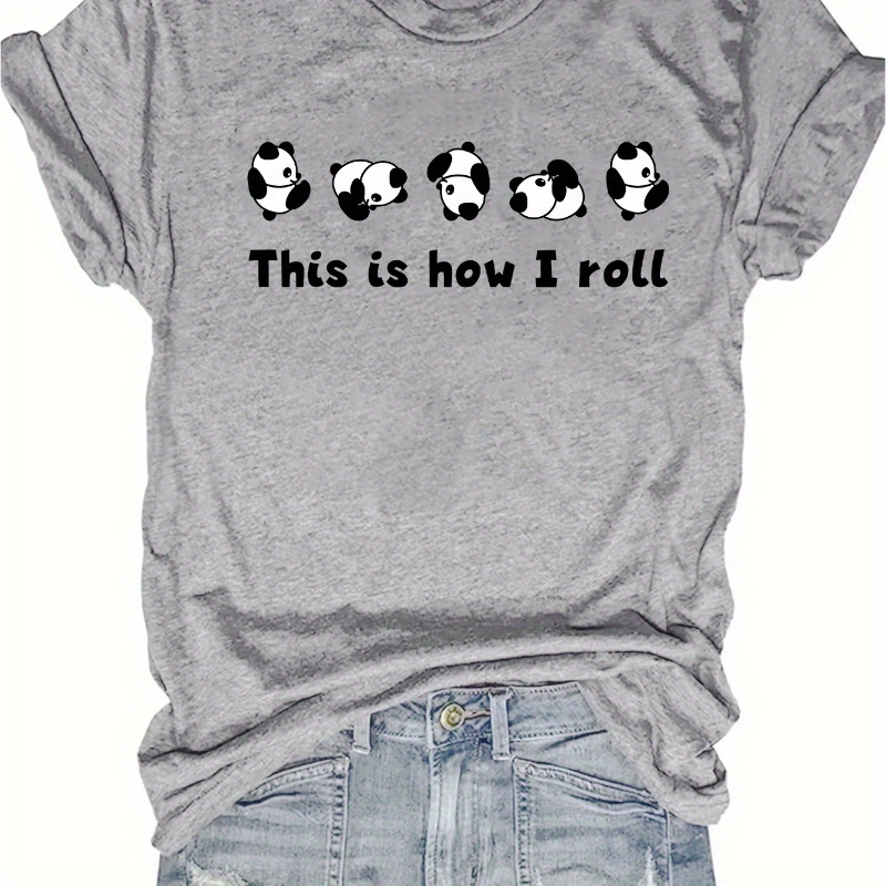 

A Rolling Little Panda Print T-shirt, Short Sleeve Crew Neck Casual Top For Summer & Spring, Women's Clothing