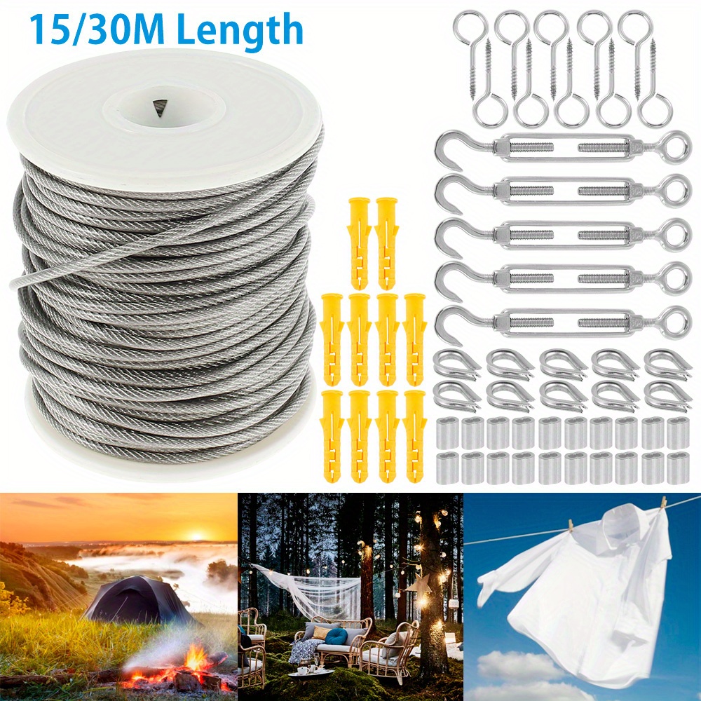 15/20/30M Stainless Steel Wire Rope Cable Railing Fence Roll Kits Hanging  Hooks