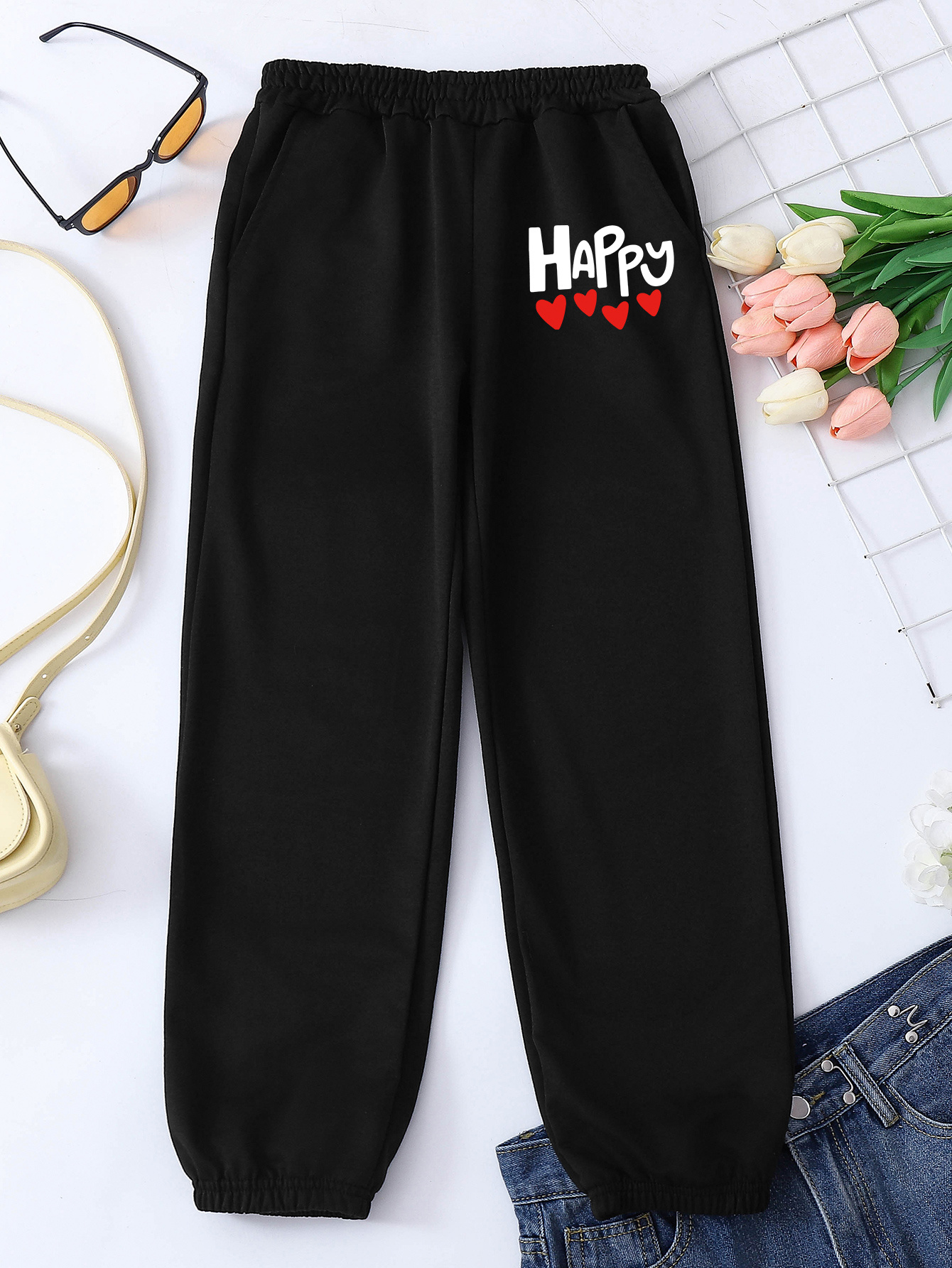 Qleicom Elastic Waist Pants for Women Teen Girls Heart Print