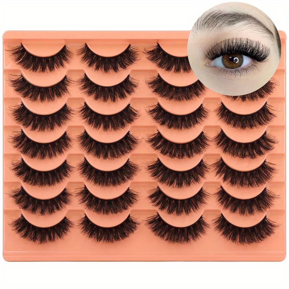 14 Pairs Fluffy False Eyelashes Natural Look Thick Mink Lashes Pack Wispy Strip Fake Eyelashes Cat Eye Lashes Like Extensions Black