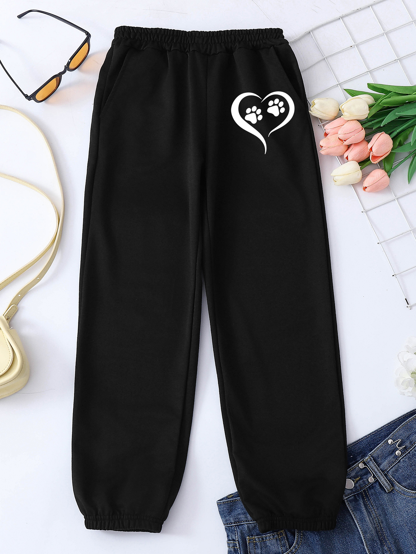 Cute Two Hearts Graphic Sweatpants Girls High Waisted - Temu