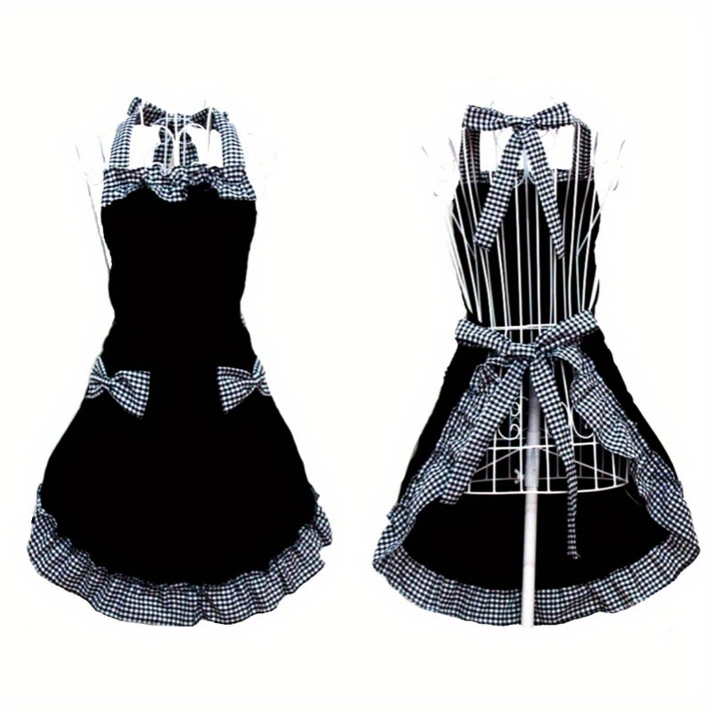 TEMU 1pc Uniform Apron, Halter Adjustable Bowknot Swing Lace Apron, For Home Cleaning, Kitchen Cooking, Baking, Gardening, Kitchen, Catering, Milk,