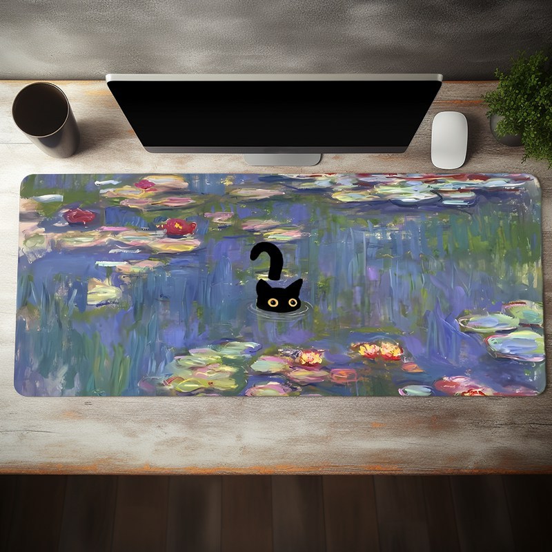 

1pc Cute Black Cat Large Gaming Mouse Pad Oil Painting Lotus Inspiring Desk Mat With Non-slip Rubber Base Stitched Edge, Mouse Pad 31.5*15.7in For Desk, Game, Office, Home