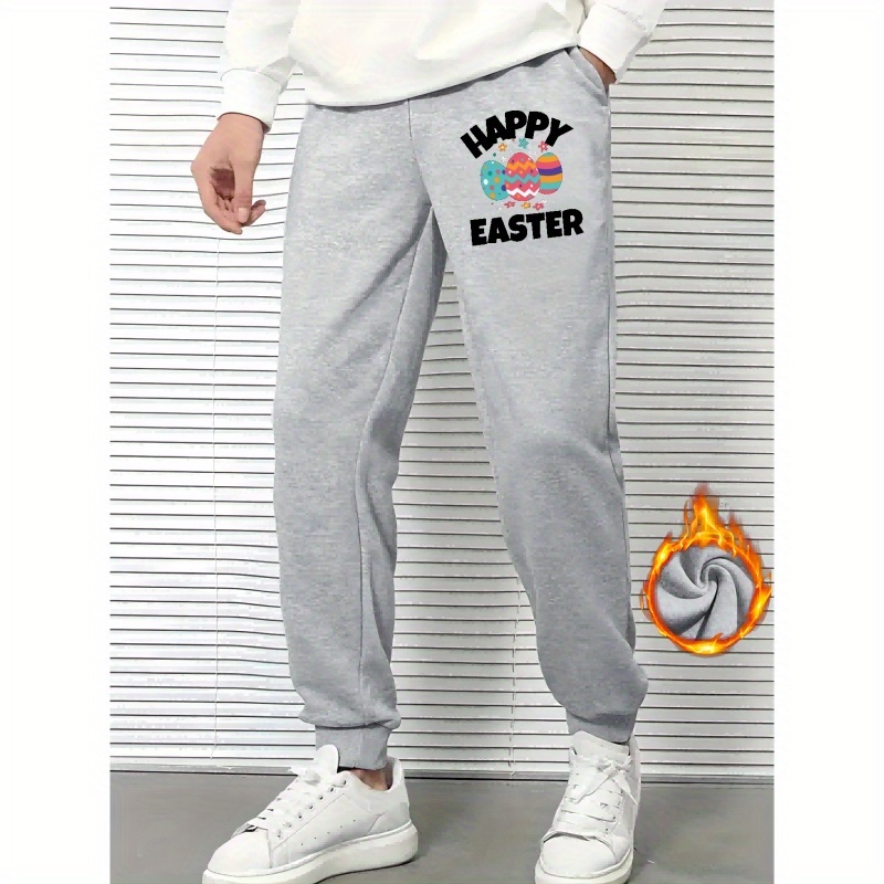 

happy Easter" And Colorful Easter Eggs Graphic Print, Men's Drawstring Sweatpants, Casual Comfy Jogger Pants For Men