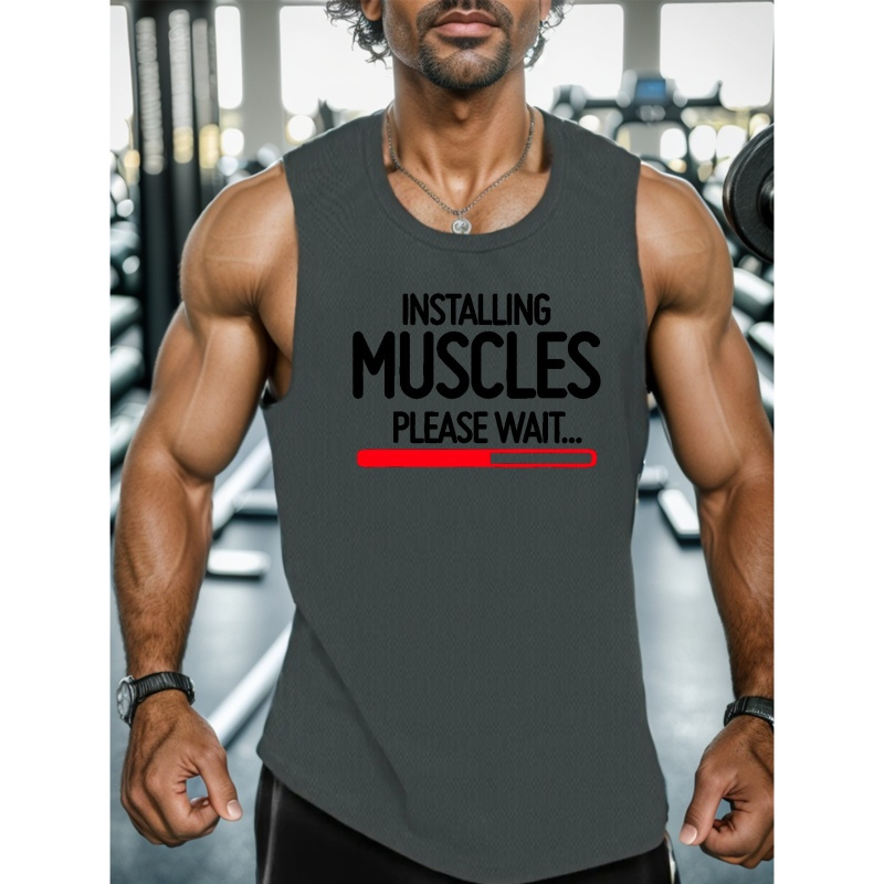 

Installing Muscles Print Sleeveless Tank Top, Men' Undershirts For Workout At