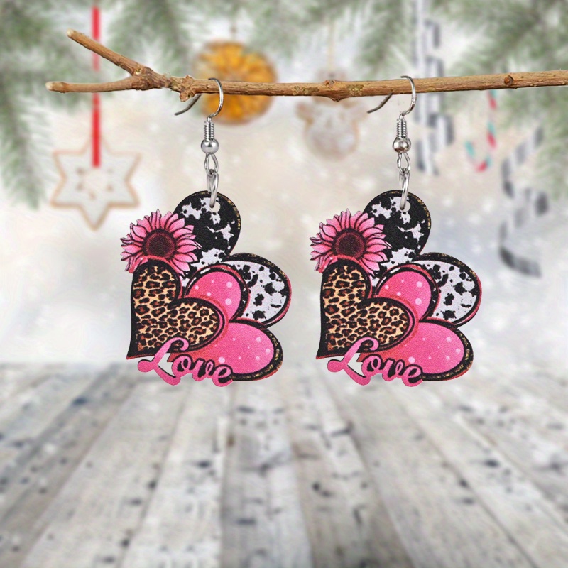 

1pair, Creative Overlapping Leopard Print Pink Heart Sunflower Wooden Earrings Geometric Earrings Elegant Charming Wooden Drop Earrings Holiday Party Creative Gifts Couple Gifts