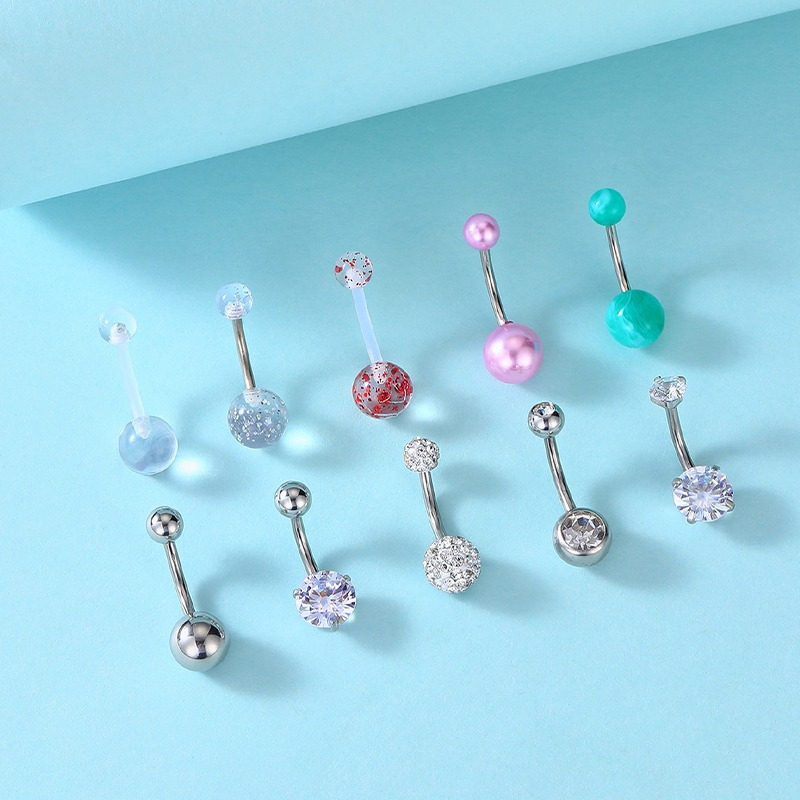 

10pcs Cubic Zirconia Belly Button Ring Set Simple Style Stainless Steel Body Piercing Jewelry Set