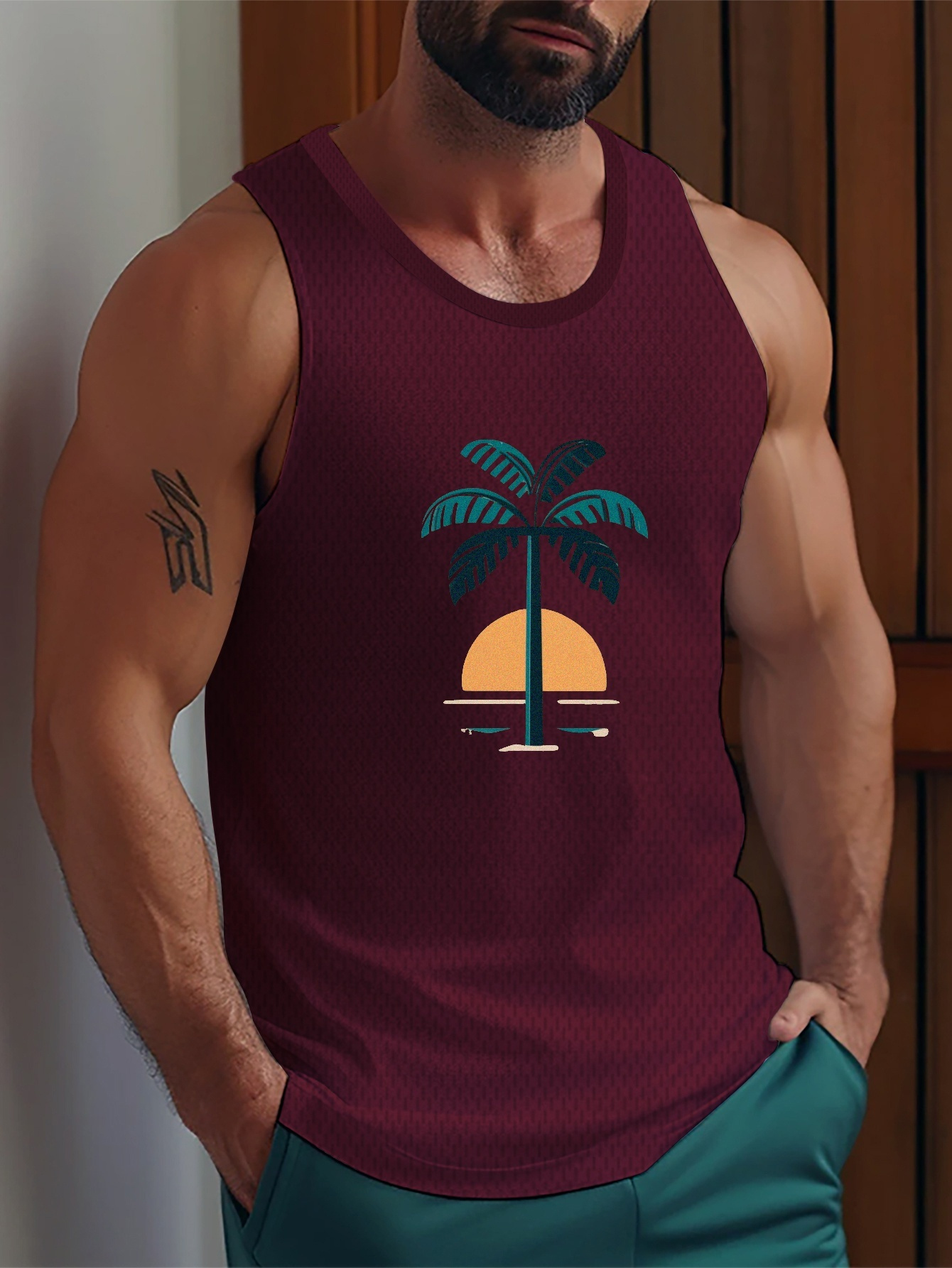 beach sunrise and palm tree graphic print mens casual breathable comfy sleeveless tank tops quick drying sports vest mens summer clothes outfits mens undershirts tops dark red 0