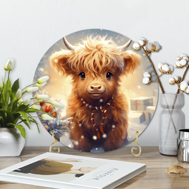 

1pc 8x8inch Aluminum Metal Sign Highland Cow Candle Light Sign, Metal Wreath Sign, Home Decor