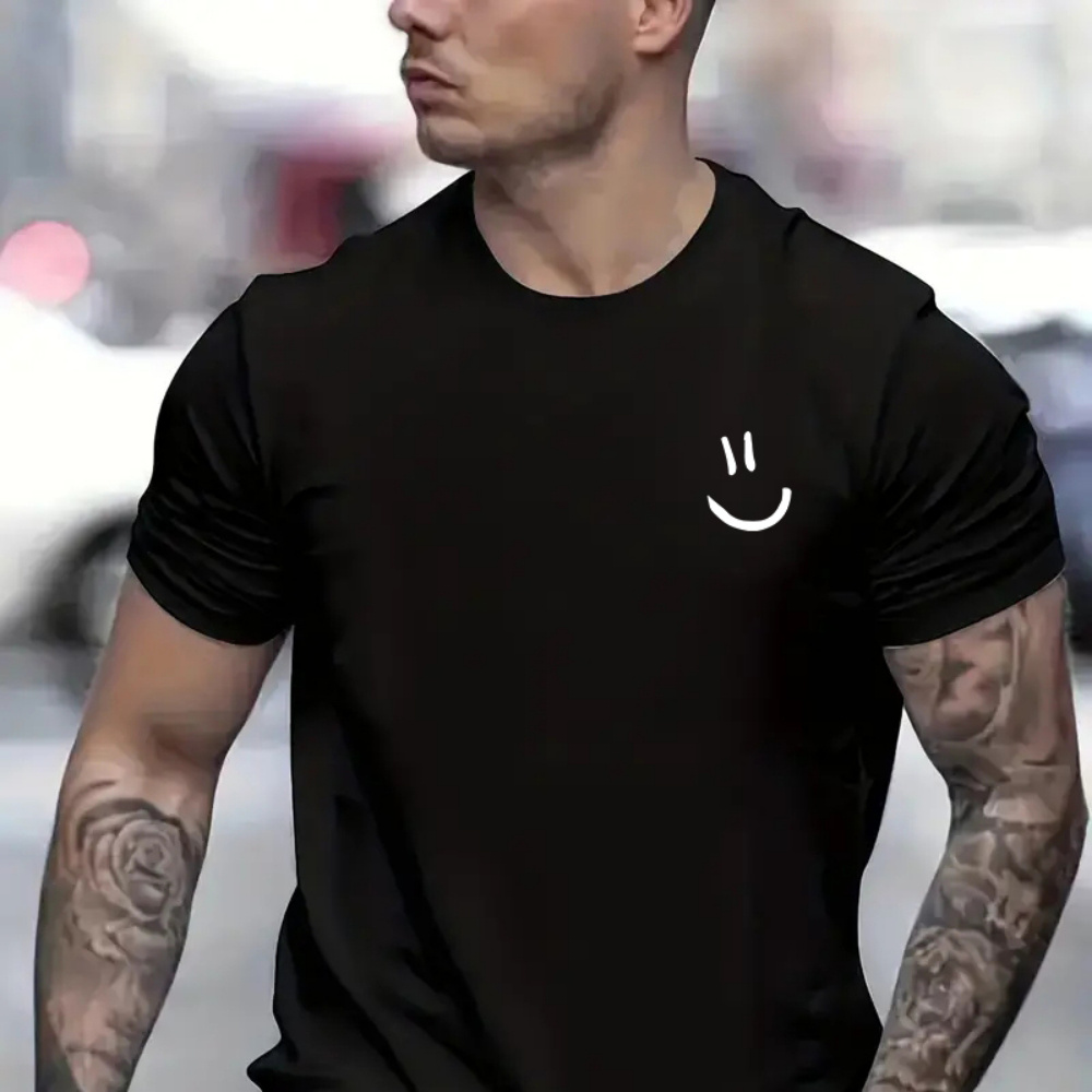 

Happy Face Print Men's Round Neck Short Sleeve Tee Fashion Slim Fit T-shirt Top For Spring Summer Holiday