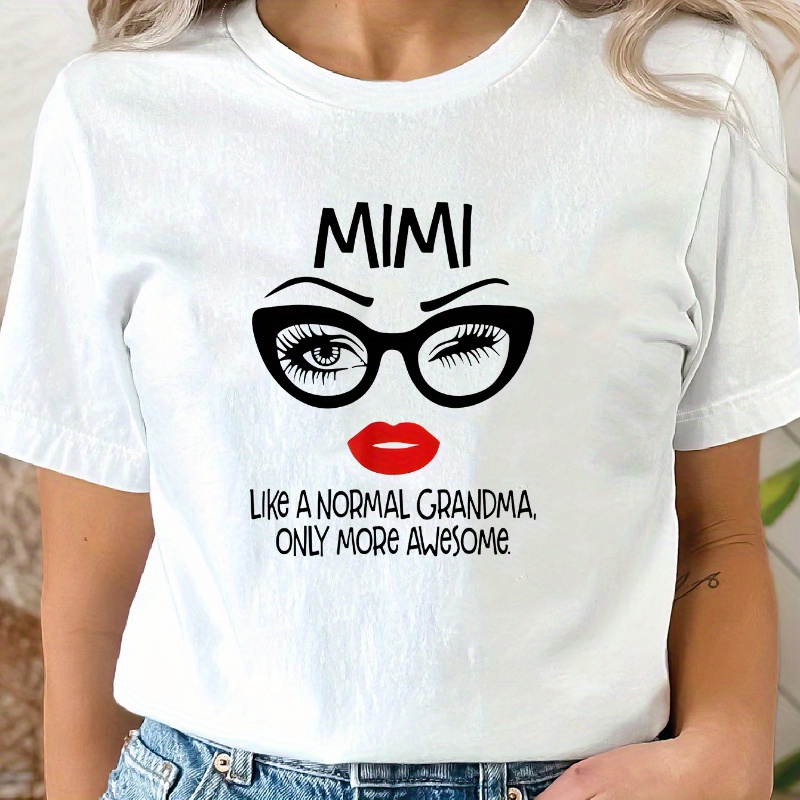 

Goody Is Here Mimi Letter Print T-shirt, Short Sleeve Crew Neck Casual Top For Summer & Spring, Women's Clothing