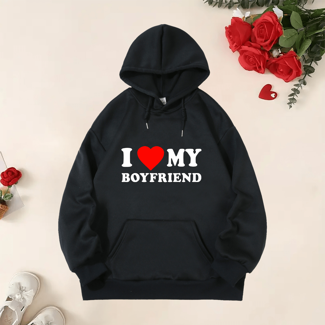 

Heart & Letter Print Drawstring Hooded Sweatshirt, Long Sleeves Kangaroo Pocket Casual Hoodie, Valentine's Day Women's Clothing