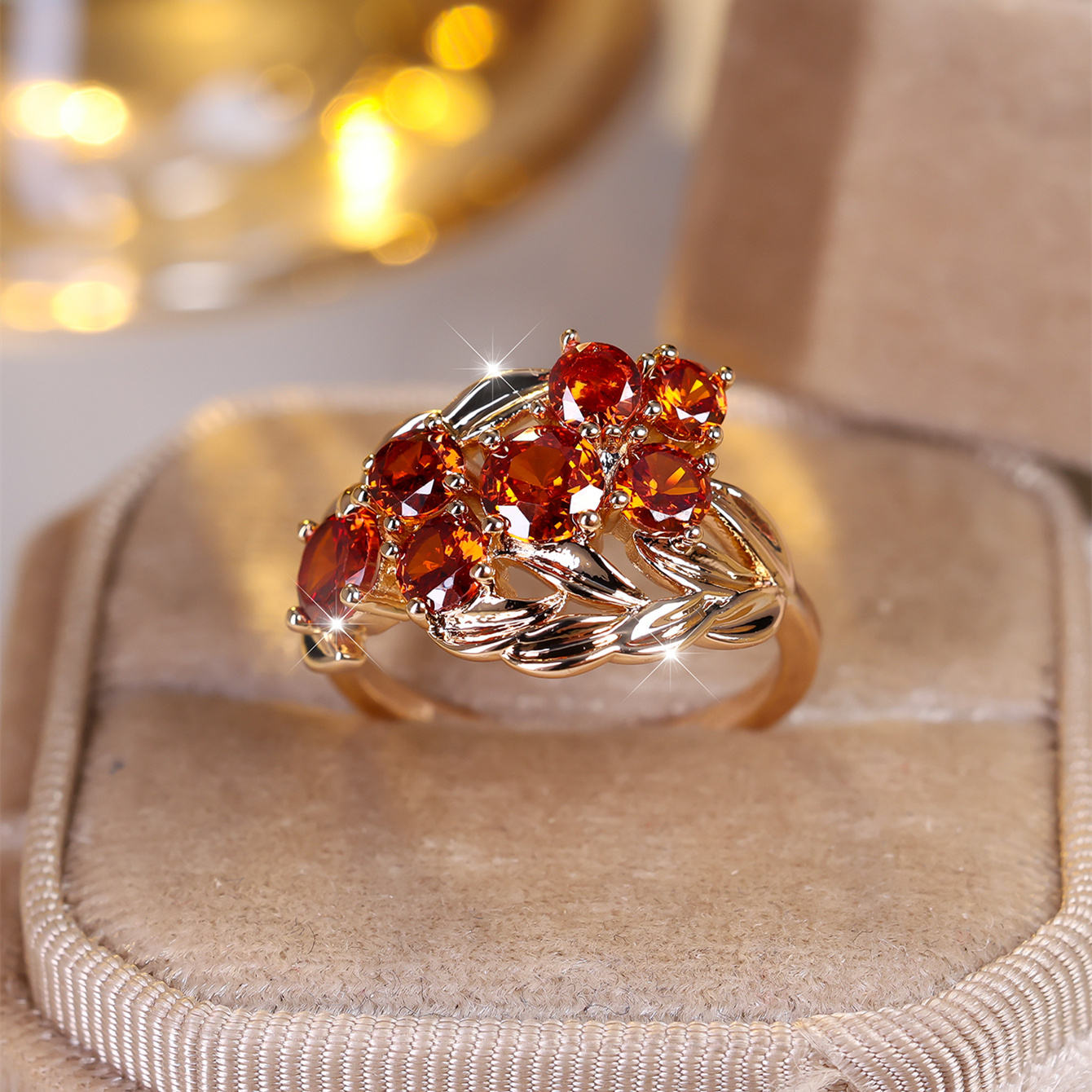 

Luxury Temperament Red Zircon Wheat Ear Halo Ring Simple Vintage Style Elegant Finger Ring Jewelry